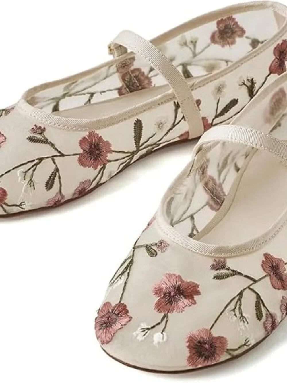 Women's Beige Floral Mesh Ballet Flats Strap Round Toe Slip On Dressy Shoes